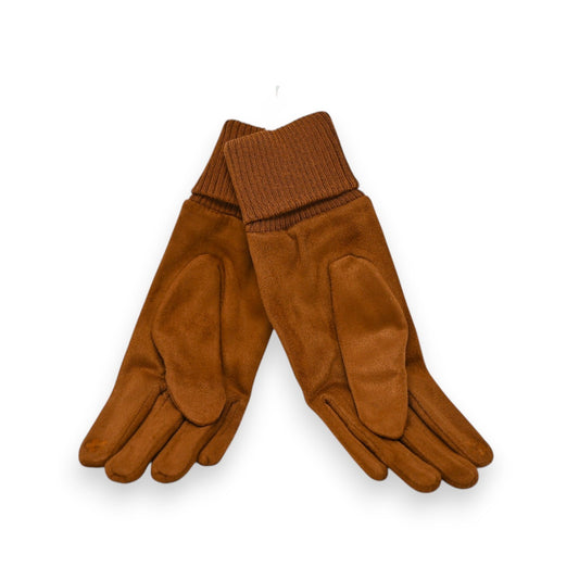 Elegante zweifarbige Handschuhe in Camelbraun mit Leder und Strickbündchen, warm und stilvoll für den Winter