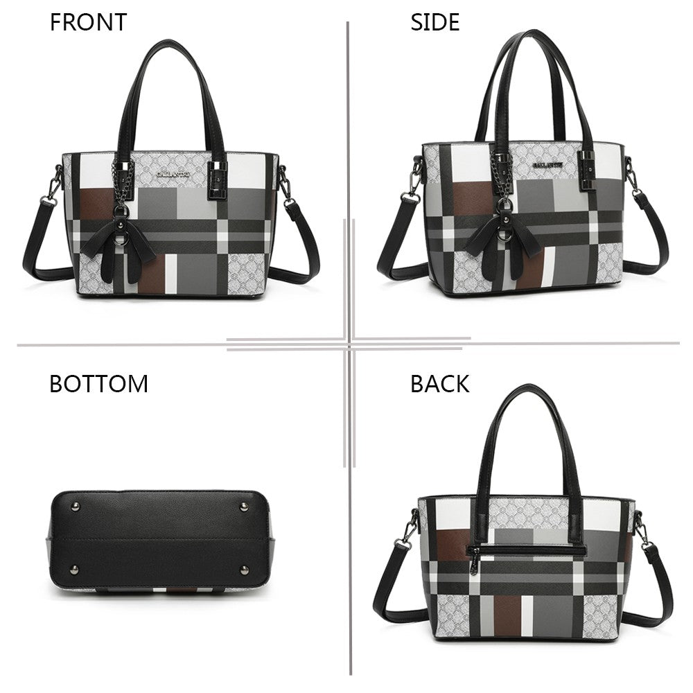 Stilvolle Damenhandtasche mit geometrischem Muster in Schwarz, Weiß und Braun, verschiedene Ansichten gezeigt