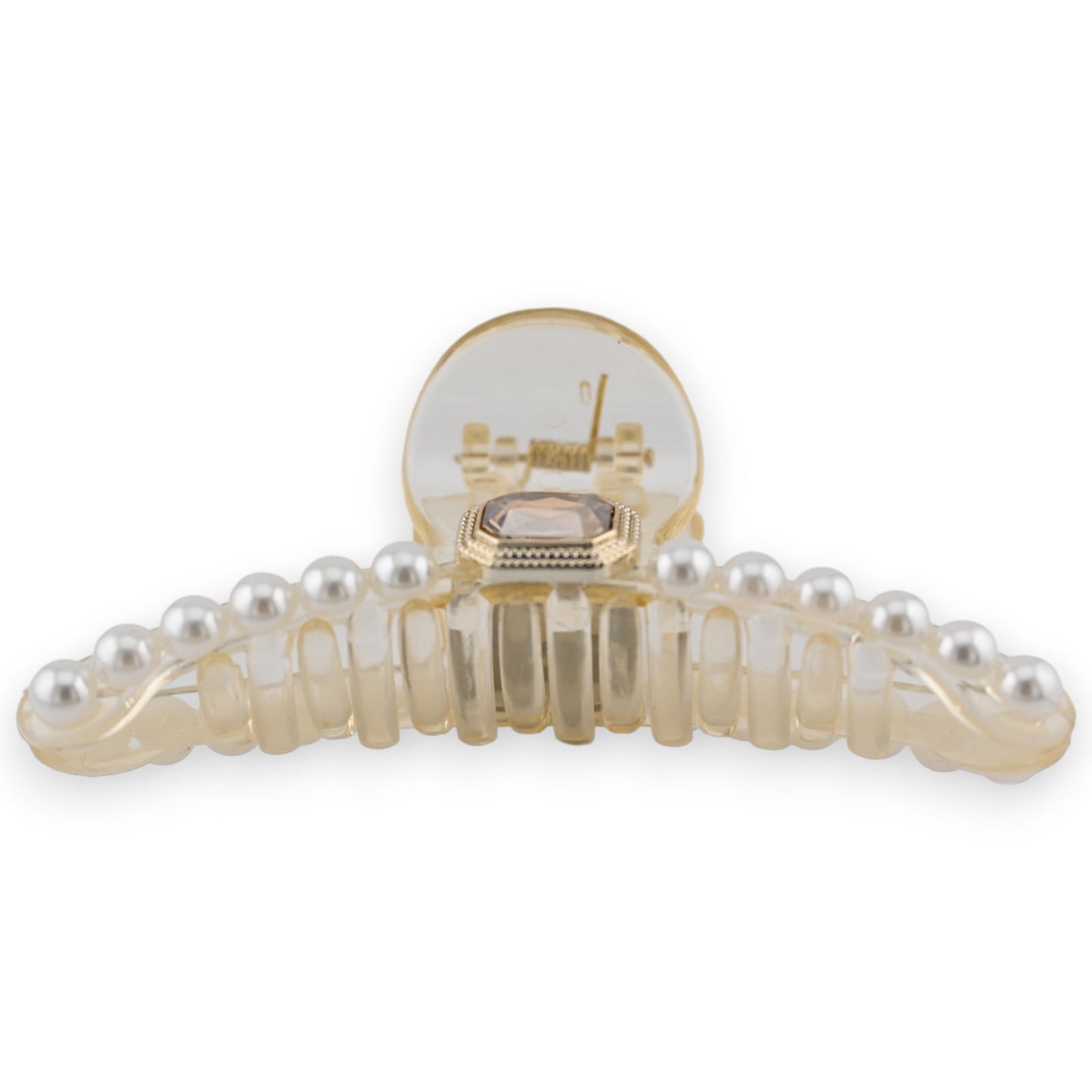 Elegante Haarspange mit braunem Edelstein und Perlenbesatz, goldfarben, halbrunde Form für festliche Frisuren