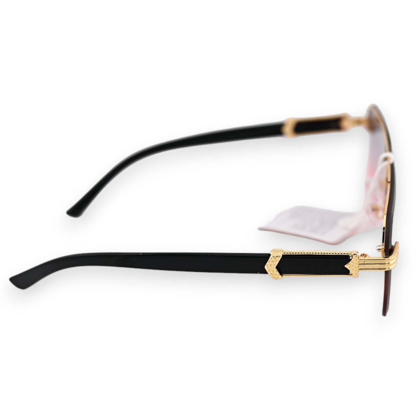 Elegante quadratisch-ovale Brille mit schwarzen Bügeln, goldenen Akzenten und rosa-grauen Gläsern auf weißem Hintergrund