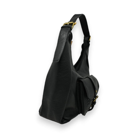 Elegante schwarze Lederhandtasche Mandoline mit goldfarbenen Details, seitlicher Tasche und verstellbarem Schulterriemen