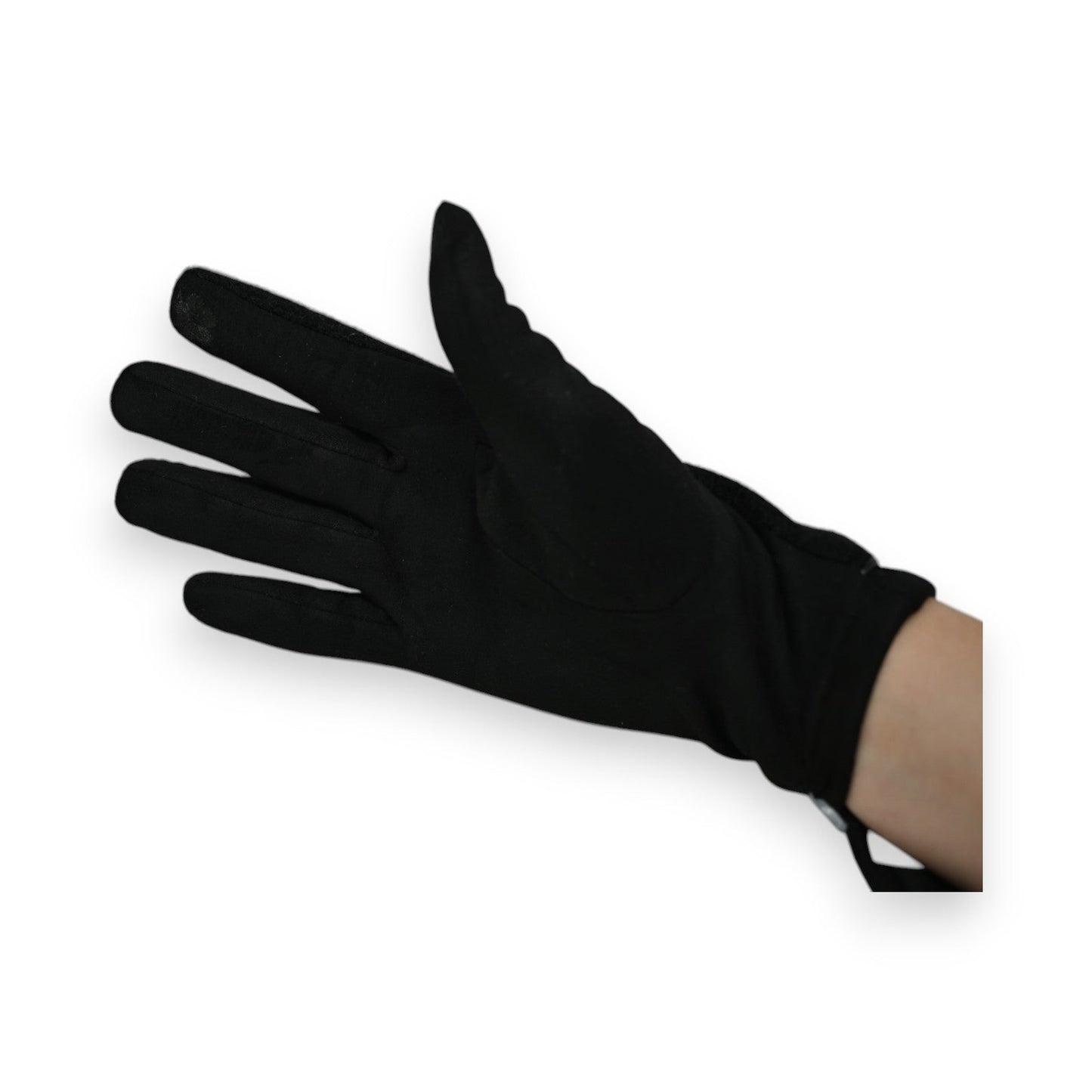 Eleganter schwarzer Handschuh auf weißem Hintergrund, Nahaufnahme zeigt Passform und Textur des Stoffes