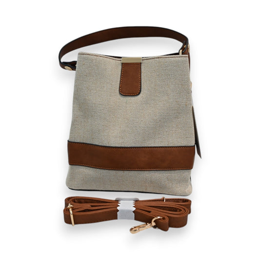Eleganter Bucket Bag aus Leinen und Leder mit abnehmbarem Schulterriemen, beige-braun, Mélanie Paris Kollektion
