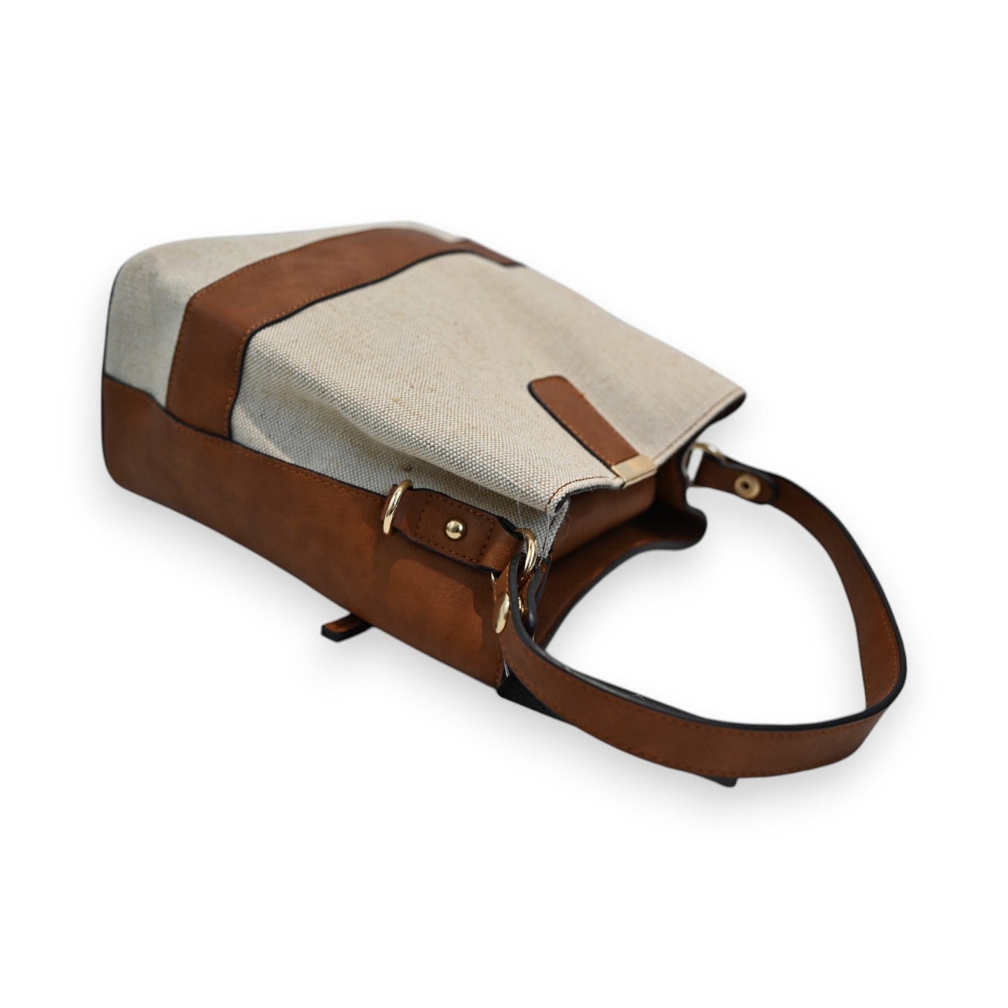 Eleganter Bucket Bag aus Leinen und Leder, beige-braun, mit verstellbarem Schulterriemen und Schnallenverschluss