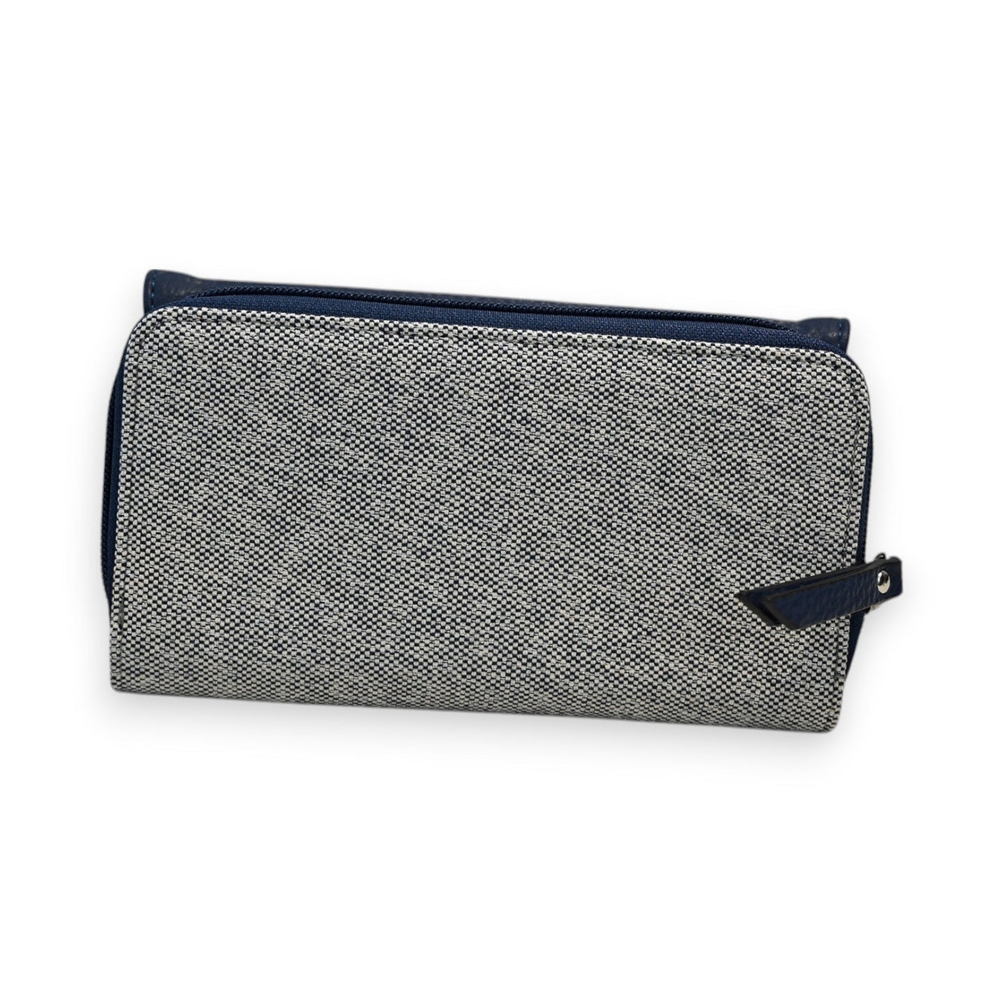 Elegantes Portemonnaie aus grauem Tweed und marineblauem Leder, rechteckige Form mit Reißverschluss und Druckknopf