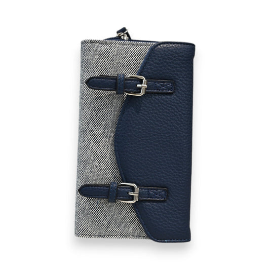 Elegantes Portemonnaie aus marineblauem Leder und grauem Tweed mit zwei Metallschnallen, Reißverschluss oben