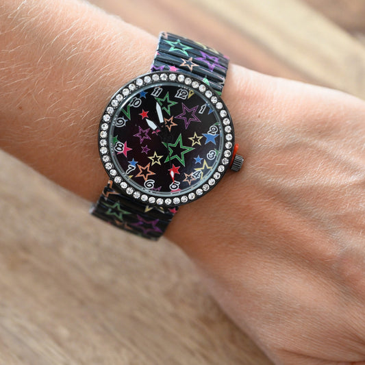 Ernest Uhr schwarz Multicolor Sterne