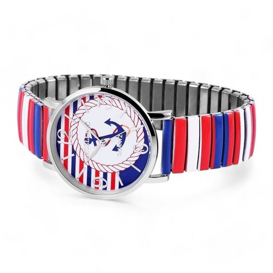 Excellanc Damen-Armbanduhr mit maritimem Design, Anker-Motiv und rot-weiß-blauem Armband im nautischen Stil