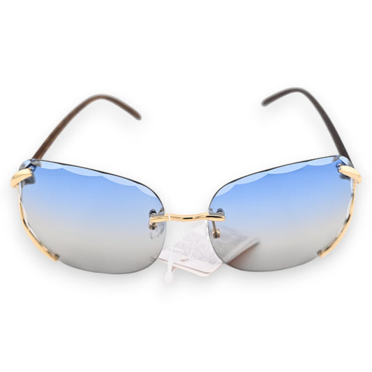 Rahmenlose Sonnenbrille mit blau-grau verlaufenden Gläsern, goldfarbenen Bügeln und braunen Brillenenden