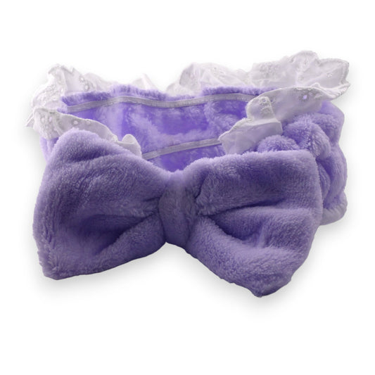 Flauschiges lila Haarband mit Schleife und Spitzenborte, zum Schminken und Waschen geeignet, weich und dekorativ