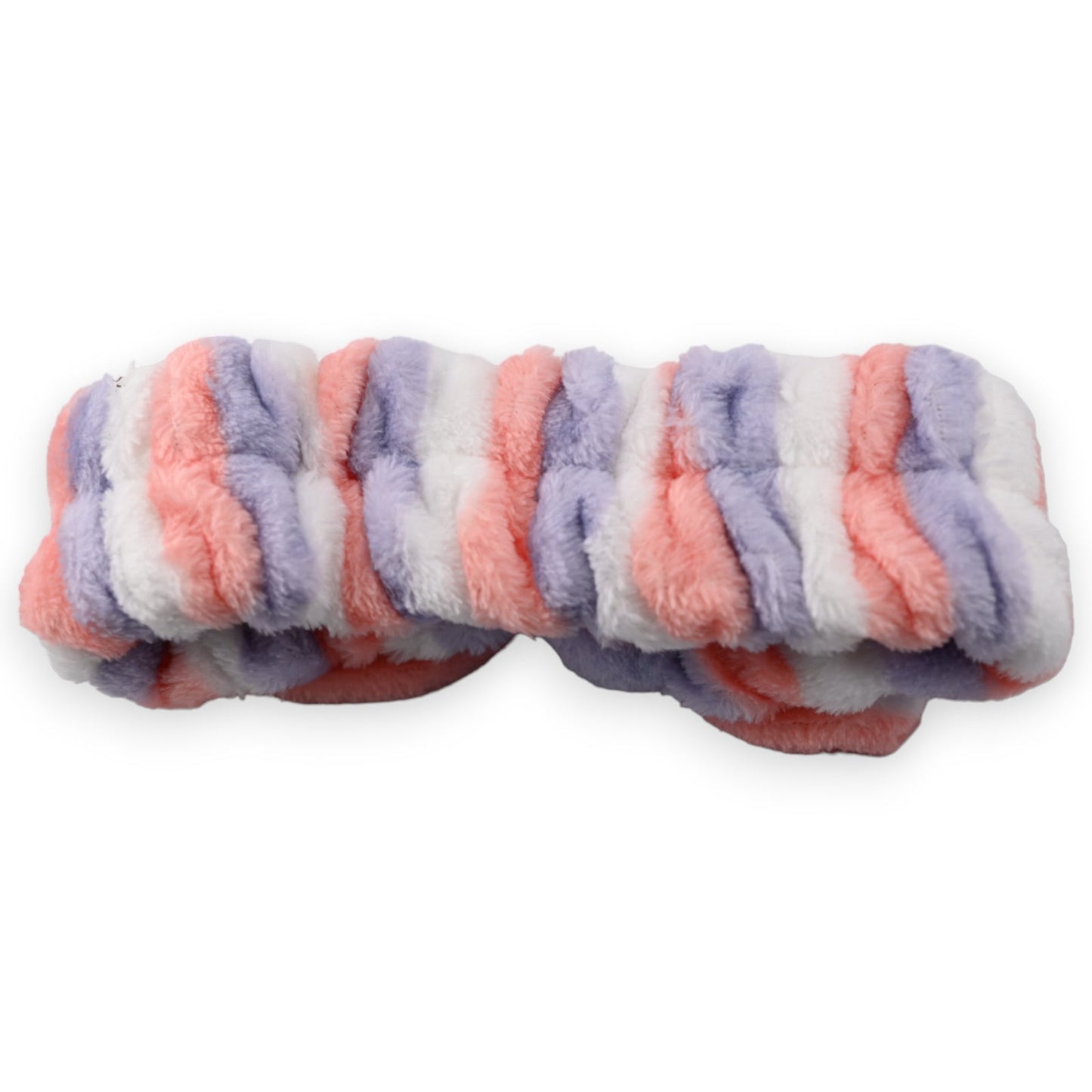 Flauschiges Kosmetik-Stirnband in Weiß, Koralle und Pflaume, gestreift und gefaltet, für Make-up und Gesichtspflege
