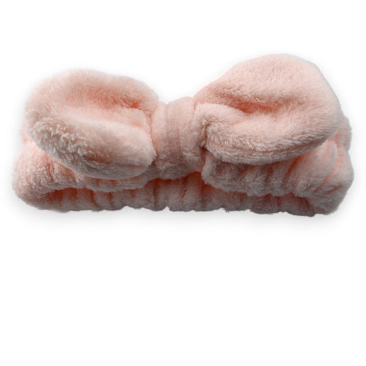 Flauschiges rosa Make-up-Stirnband mit Schleife, weich und plüschig, für Gesichtspflege und Kosmetik