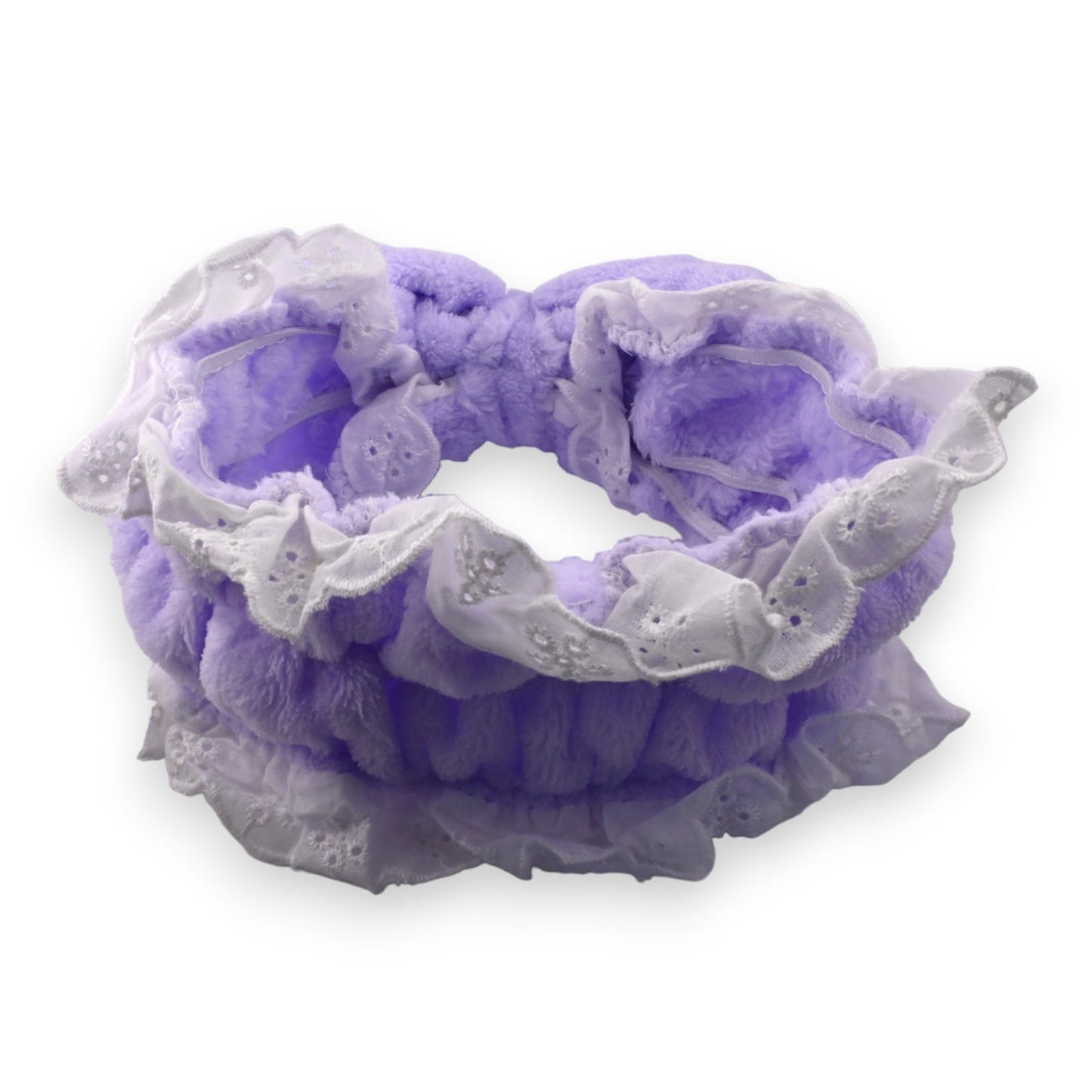 Flauschiges lila Haarband mit weißer Spitze und Stickerei, doppellagig und elastisch für Frauen