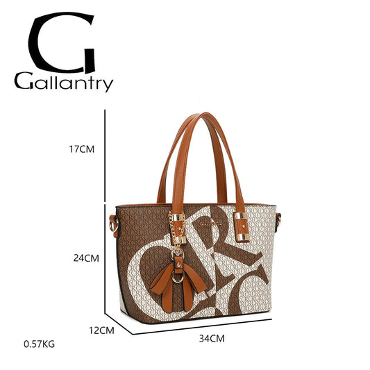 Elegante Gallantry Handtasche mit Monogramm-Muster, braun-beige, Ledergriffe, 34x24x12cm, mit Produktdetails