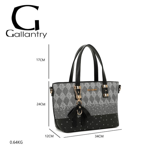 Elegante Damenhandtasche Gallantry Paris in Schwarz und Grau mit Muster, Maßangaben und Gewicht, Markenlogo