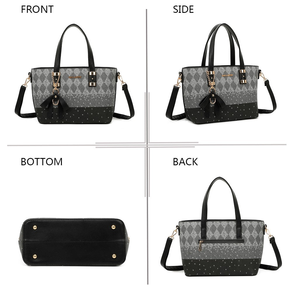 Elegante Damenhandtasche in Schwarz und Grau mit Muster, Frontal-, Seiten-, Rück- und Bodenansicht, Marke Gallantry Paris