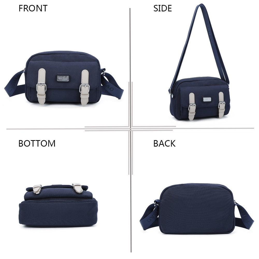 Gallantry Umhängetasche in Marineblau, vielseitige Ansichten: Vorderseite, Seite, Unterseite und Rückseite der kompakten T...