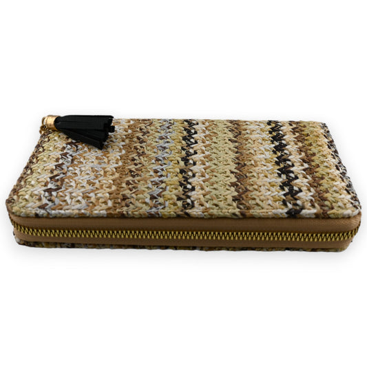 Geflochtene Strohtasche in Beige- und Brauntönen mit schwarzer Quaste und goldenem Reißverschluss, rechteckige Form