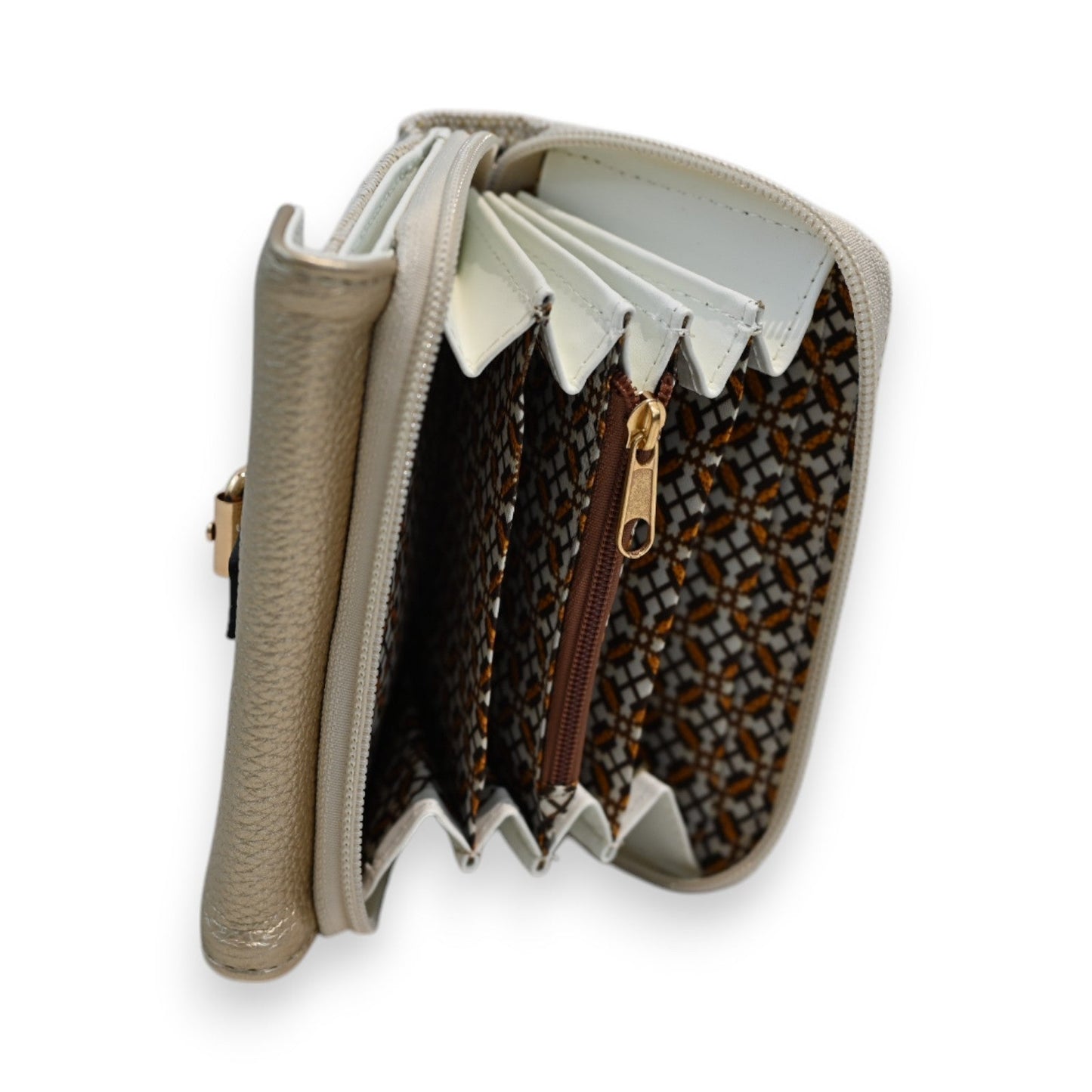 Elegante Damen-Geldbörse aus beigem Leder und gemustertem Stoff, mit Reißverschluss und mehreren Fächern