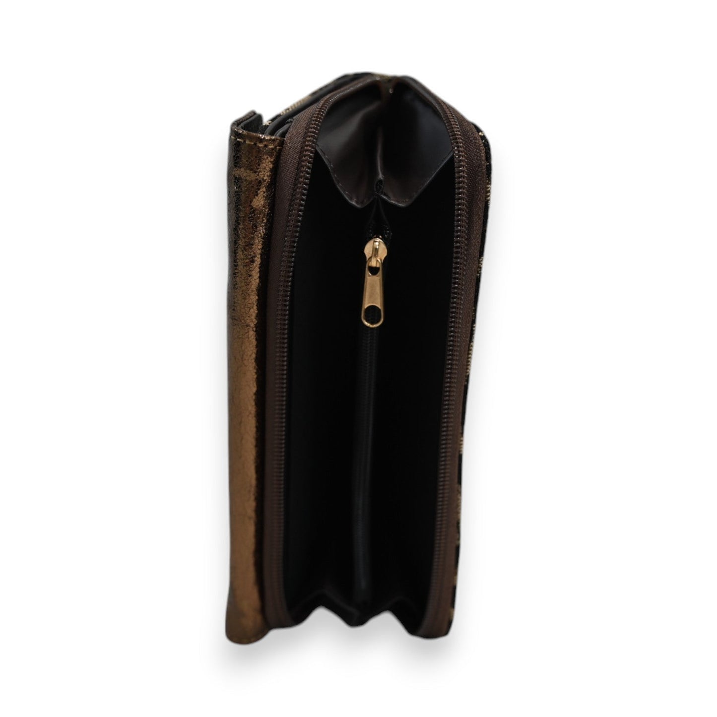 Braune Leoparden-Geldbörse mit Reißverschluss, geöffnet zeigt schwarzes Innenfutter und goldenen Zipper