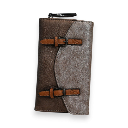 Stilvolle Damen-Geldbörse aus braunem und silbernem Leder mit zwei Schnallen und Reißverschluss, Modell Mélanie Paris