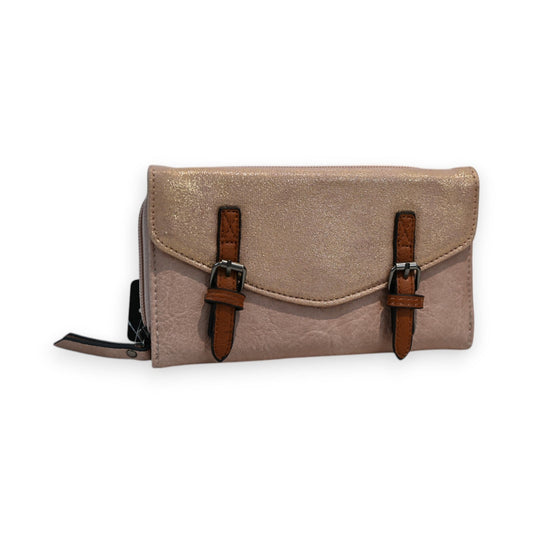 Elegante Damen-Geldbörse in Altrosa und Gold mit braunen Lederriemen, Clutch-Design, glänzende Oberfläche