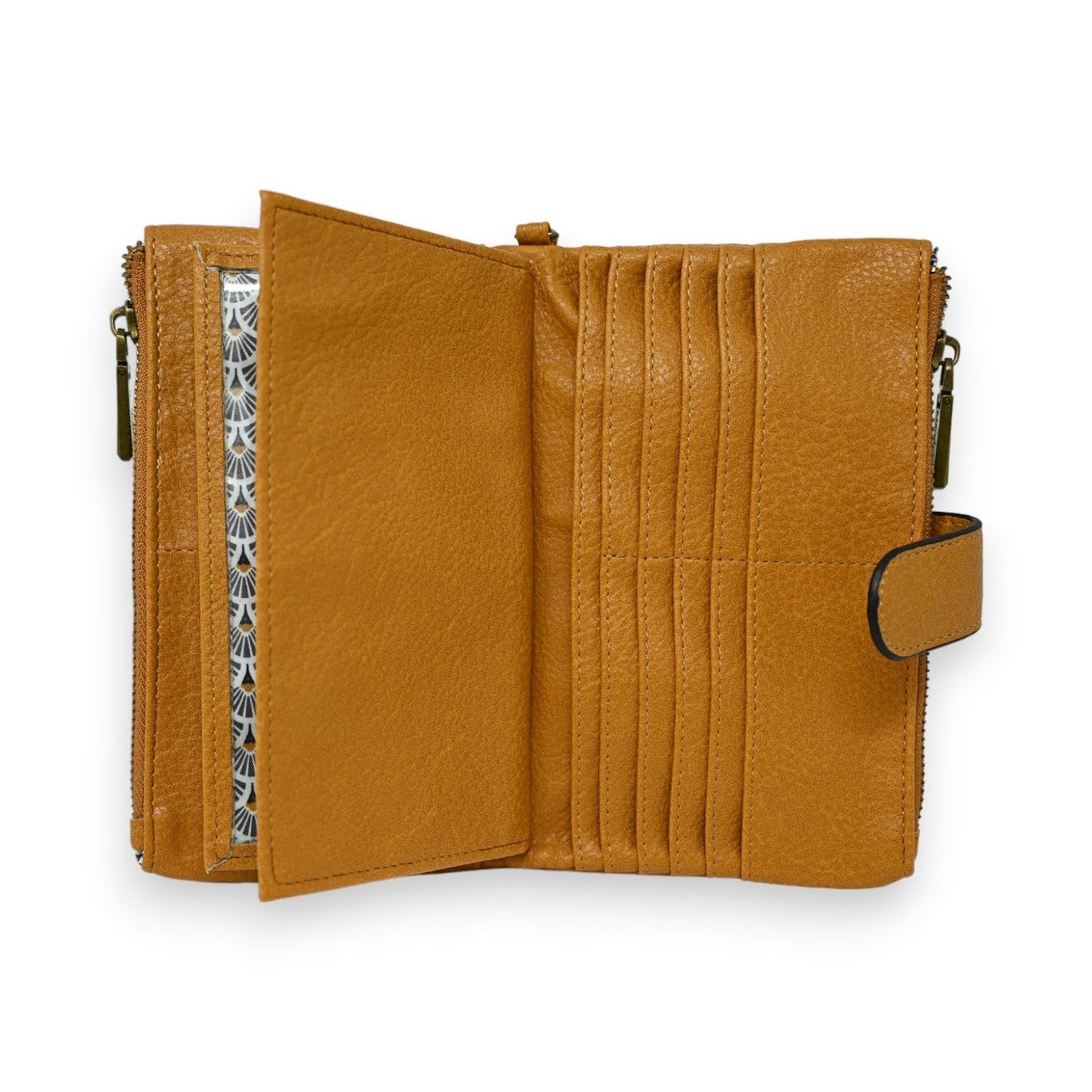 Geöffnete Leder-Geldbörse in Senfgelb mit Kartenfächern, Reißverschluss und dekorativem Innenfutter, elegantes Design