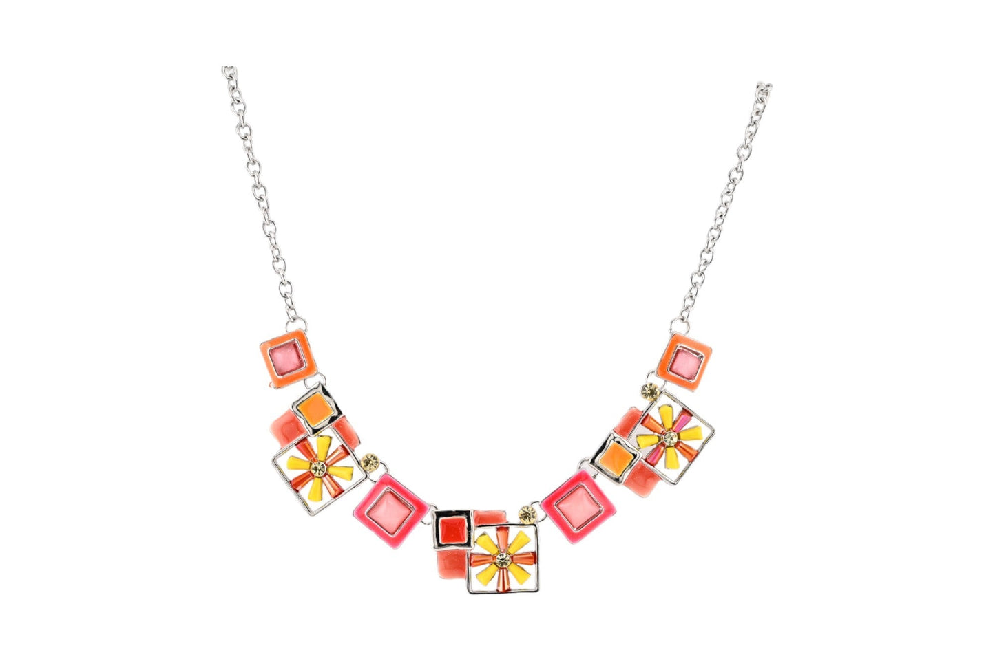 Bunte geometrische Halskette mit Blumenmotiven in Orange, Pink und Gelb, quadratische Anhänger an Silberkette