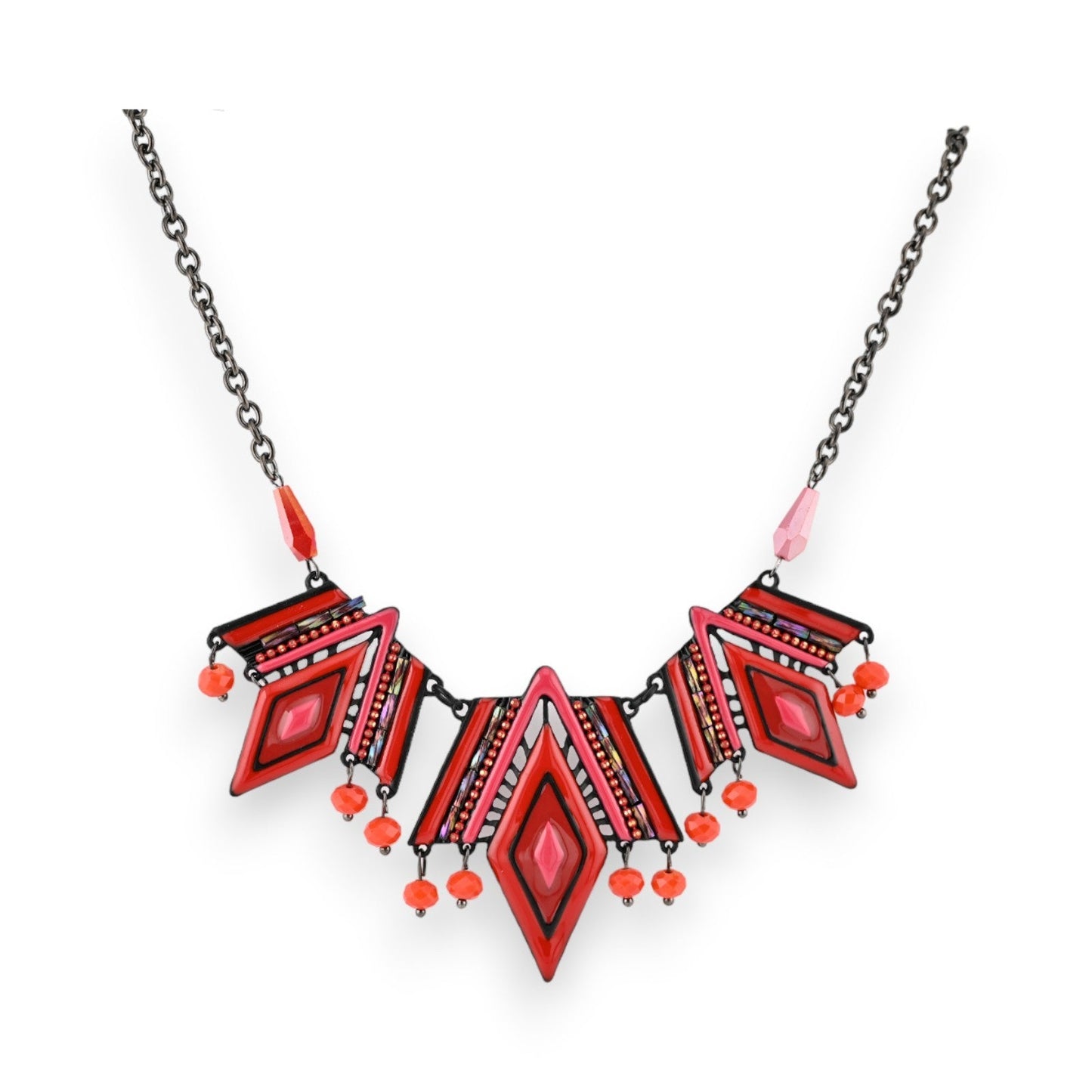 Geometrische Halskette mit roten Diamantformen und Perlen an schwarzer Kette, moderner Statement-Schmuck in Rot und Schwarz