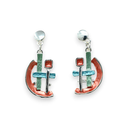 Geometrische Ohrringe mit farbigen Elementen in Rot, Grün und Blau, halbkreisförmiges Design, Silberschmuck