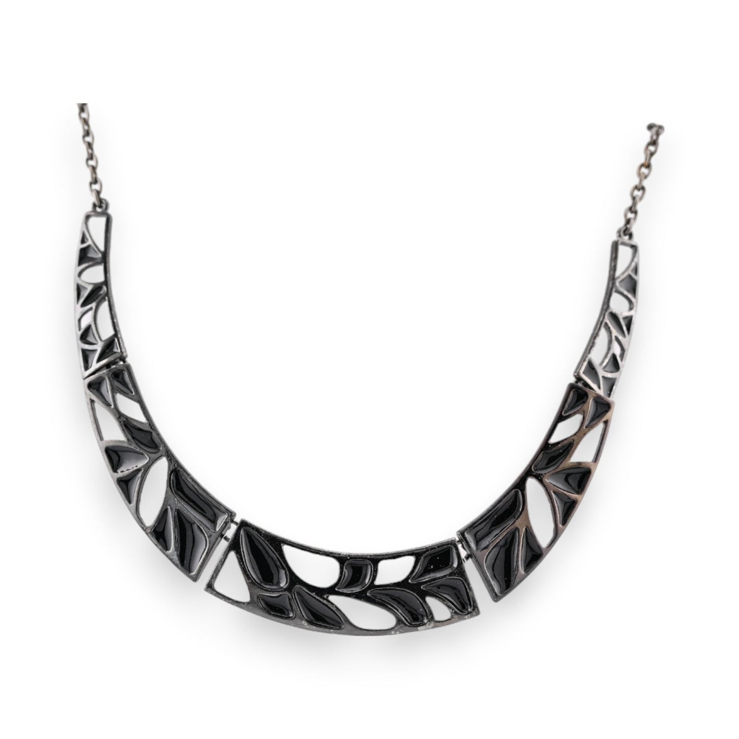 Moderne schwarze Choker-Halskette mit geometrischem Muster, durchbrochenes Design, Metall-Look, eleganter Schmuck