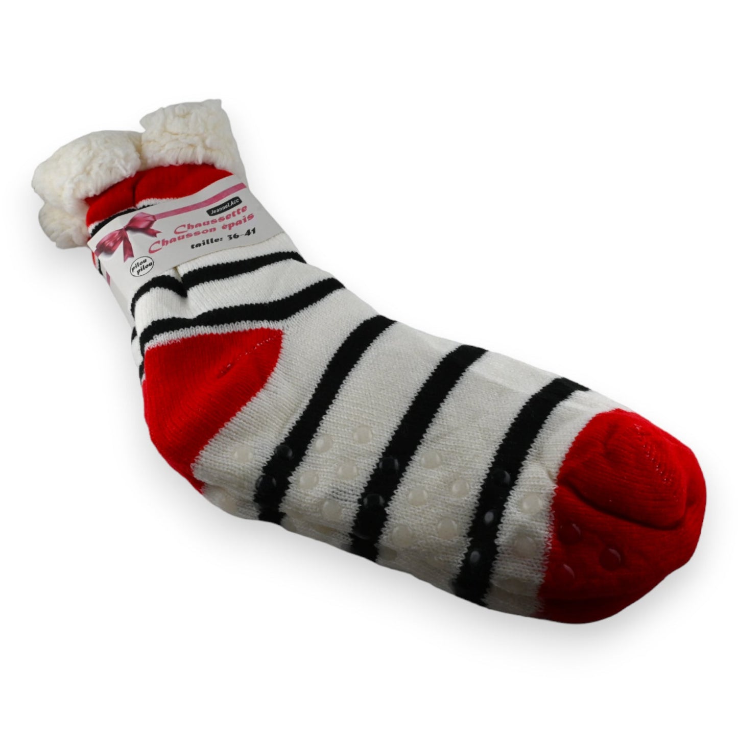 Gestreifter Socken-Hausschuh in Rot, Weiß und Schwarz mit flauschigem Bund, Größe 36-41, Anti-Rutsch-Noppen