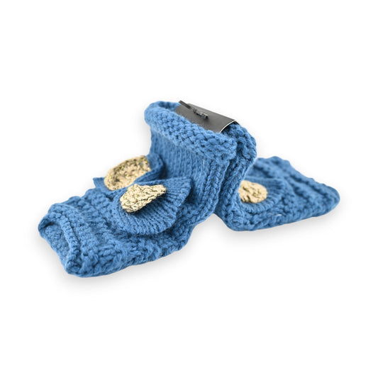 Gestrickte fingerlose Handschuhe in Entenblau mit goldenen Applikationen, handgefertigt aus weicher Wolle