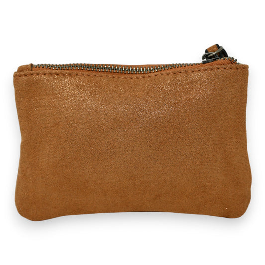 Kleines braunes Wildleder-Portemonnaie mit Reißverschluss, glänzende Oberfläche und kompaktes Design für Münzen oder Klein...