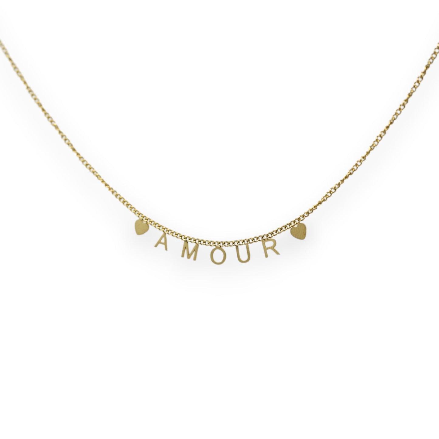 Goldfarbene Stahlkette \LIEBE\" mit Herz-Anhängern"