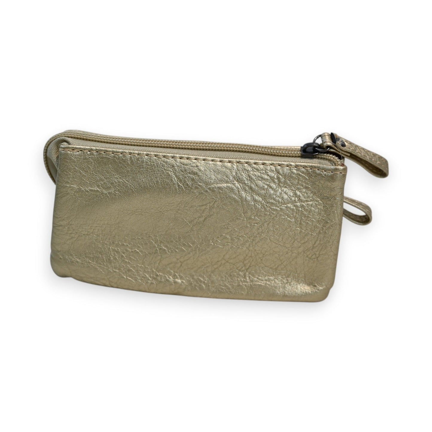 Goldene Leder-Brieftasche mit Reißverschluss, mehreren Fächern und texturierter Oberfläche von Mélanie Paris