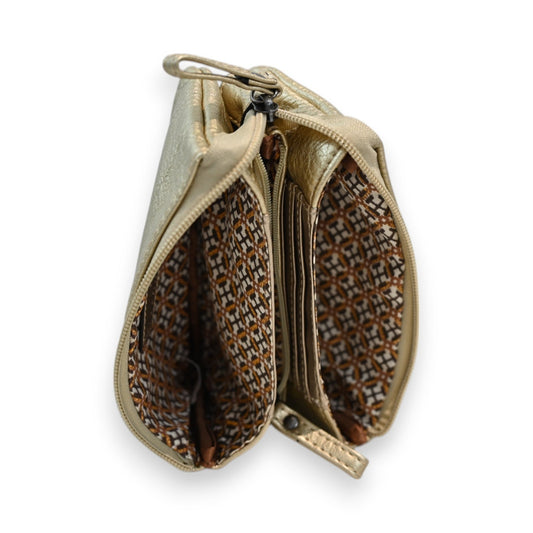Goldene Leder-Brieftasche mit mehreren Fächern und Reißverschluss, innen gemustertes Design, Marke Mélanie Paris
