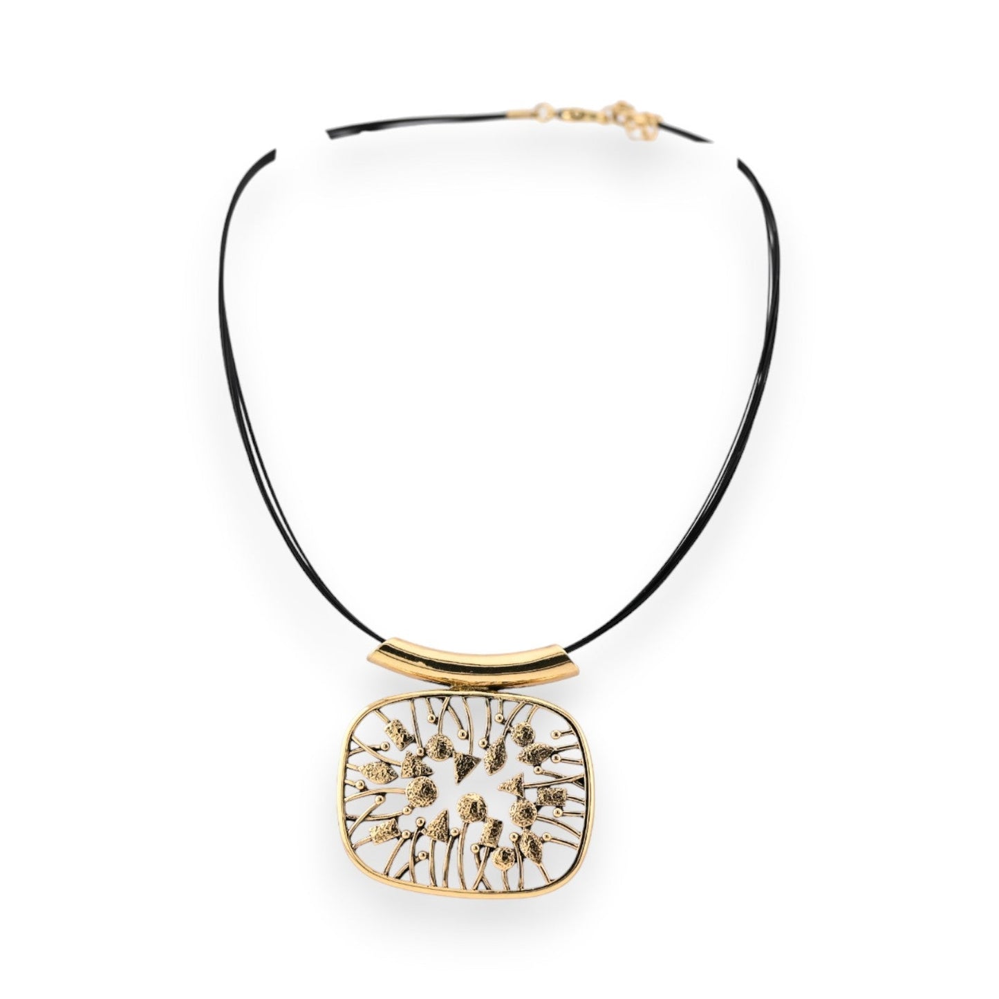 Elegante schwarze Kordel-Halskette mit goldenem Anhänger, filigranes geometrisches Design, moderner Schmuck