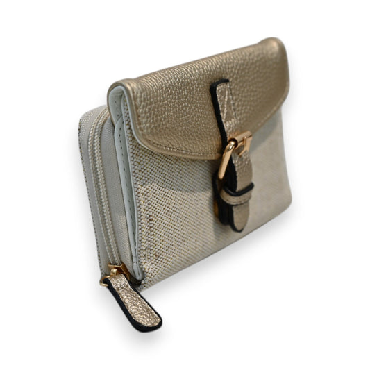 Elegante goldene Geldbörse aus zwei Materialien mit Reißverschluss und Schnallenverschluss, Marke Mélanie Paris