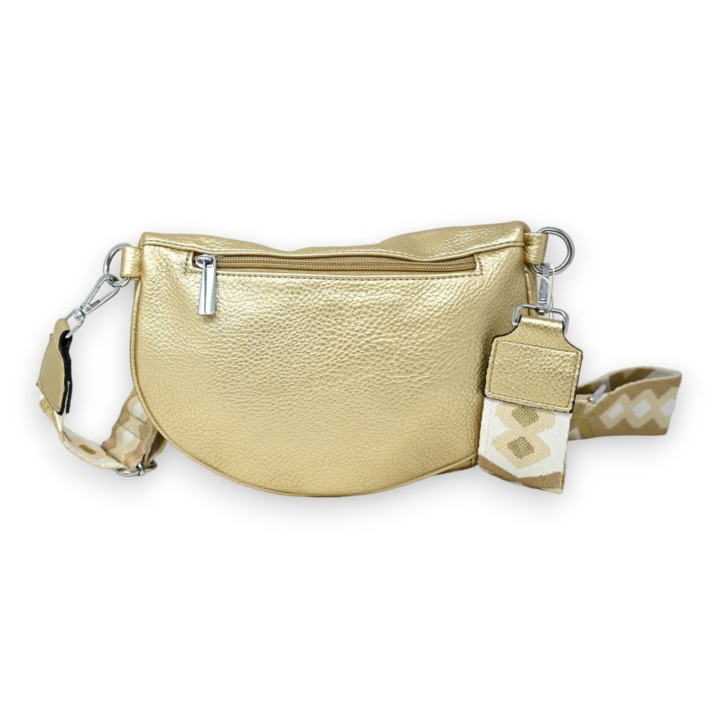 Goldene Gürteltasche aus Leder mit Reißverschluss, verstellbarem Riemen und geometrischem Muster, ideal für Damen