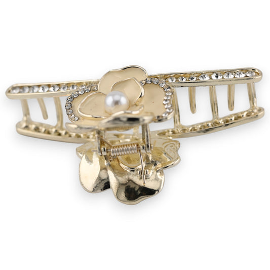 Elegante goldene Haarspange mit beiger Blüte, Perle und Strasssteinen, luxuriöser Haarschmuck für festliche Anlässe