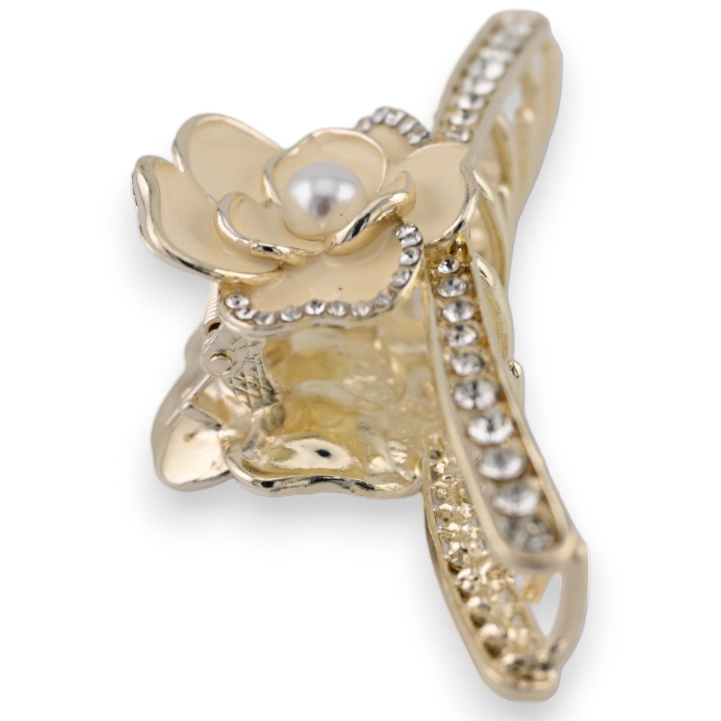 Elegante goldene Haarspange mit beiger Blüte, Perle und Strass-Verzierung, luxuriöses Haaraccessoire