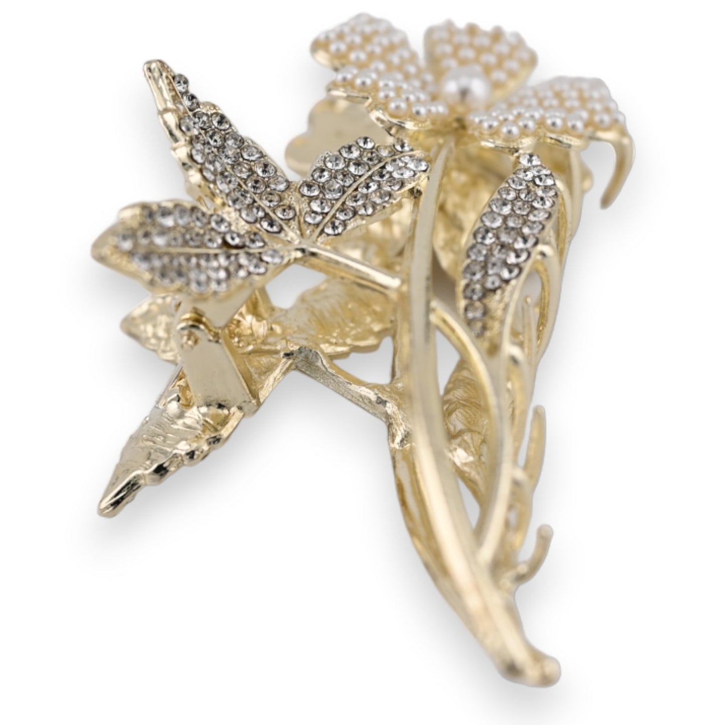 Elegante goldene Haarspange mit Blumendesign, verziert mit Strasssteinen und Perlen auf geschwungenen Stielen