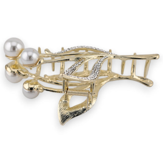 Elegante goldene Haarspange mit Perlen und Strasssteinen, florale Form, Haarschmuck für festliche Anlässe