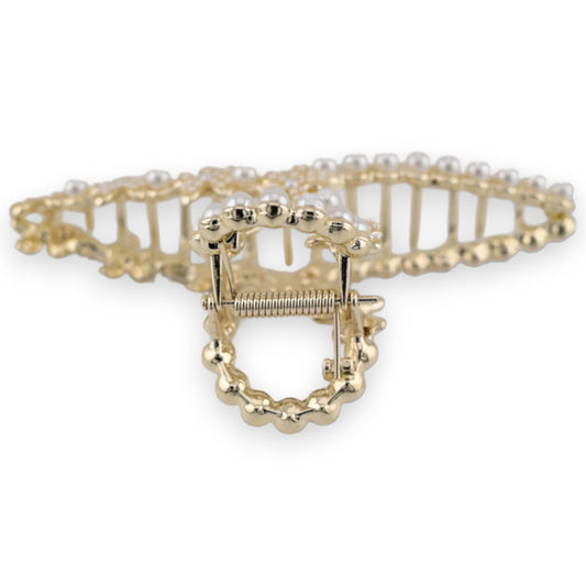 Goldene Haarspange mit weißen Perlen, florales Design, eleganter Haarzusatz mit Federmechanismus, Brautschmuck