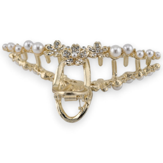 Elegante goldene Haarspange mit Perlen, Strasssteinen und Blumenmotiv, dekorative Haarklammer für festliche Anlässe