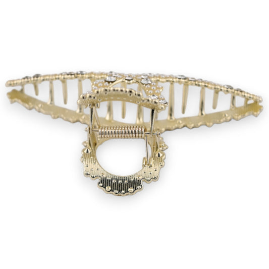 Elegante goldene Haarklammer mit Perlen und Strass-Steinen, ovale Form mit filigraner Verzierung und Federmechanismus