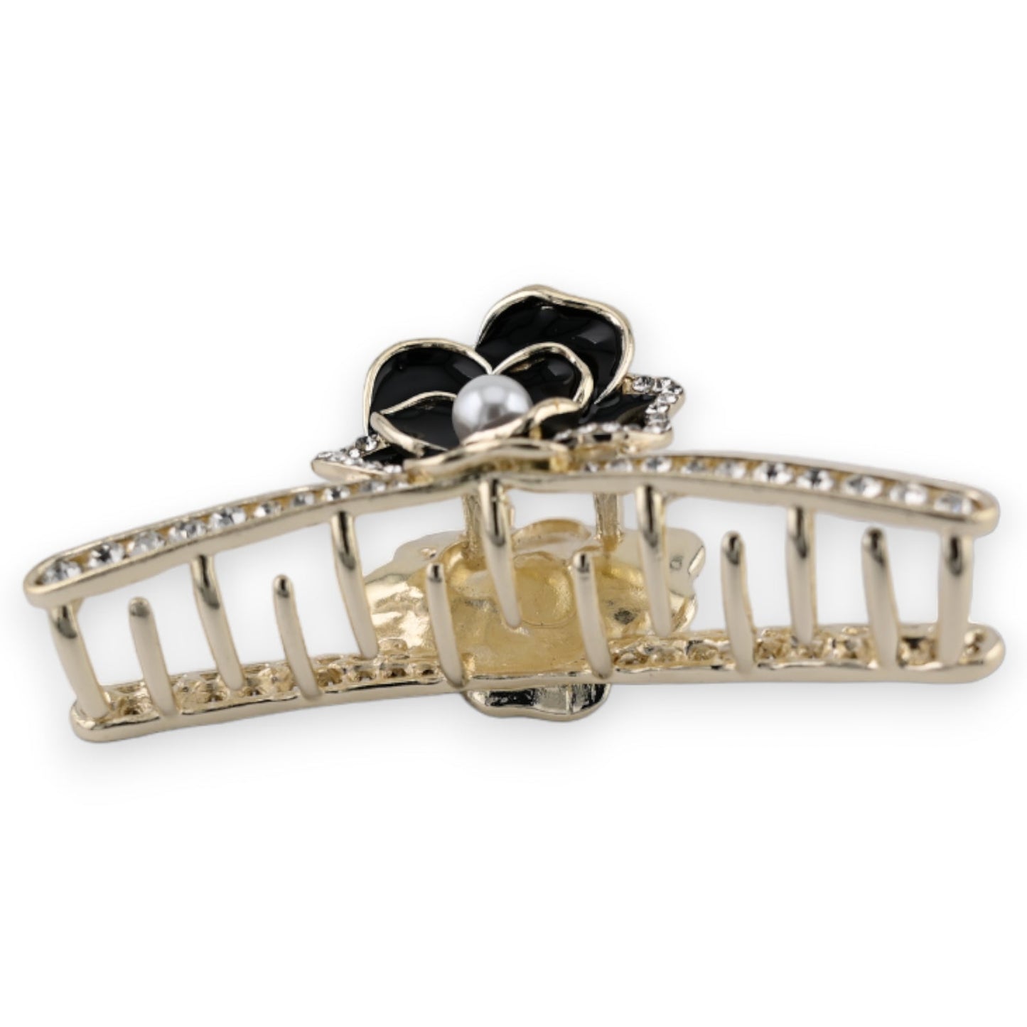 Elegante goldene Haarspange mit schwarzer Blume, Perle und Strasssteinen, dekorative Haarklammer