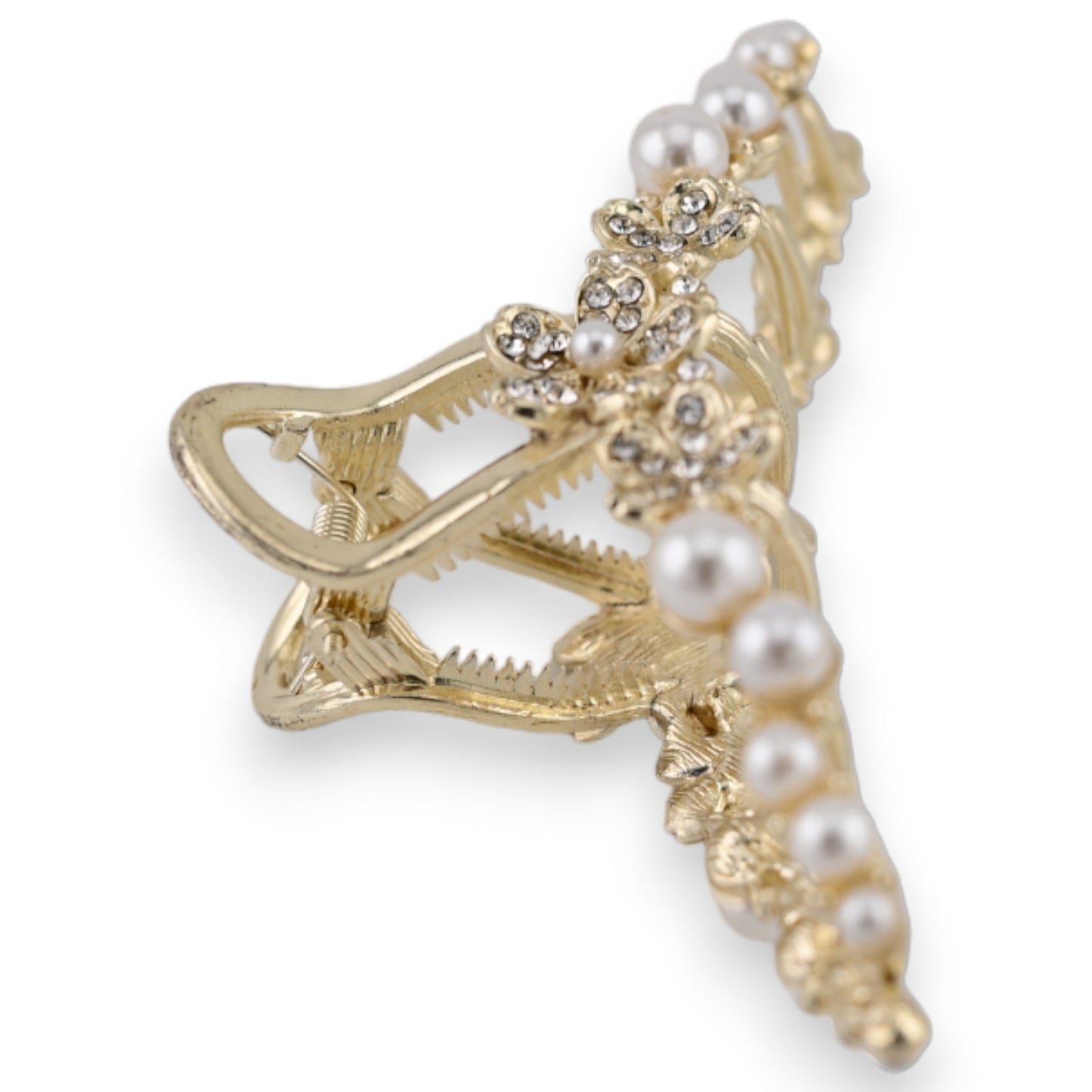 Elegante goldene Haarspange mit Perlen und Strasssteinen, verziert mit drei blumenförmigen Elementen