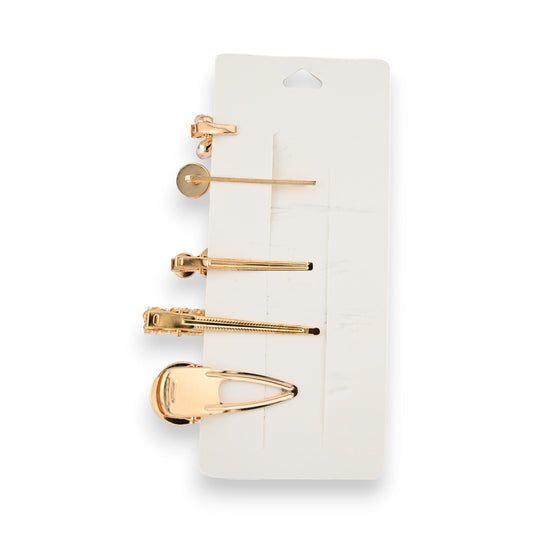 Set mit 5 goldenen Haarspangen in verschiedenen Designs auf weißem Hintergrund, elegante Haaraccessoires für Damen